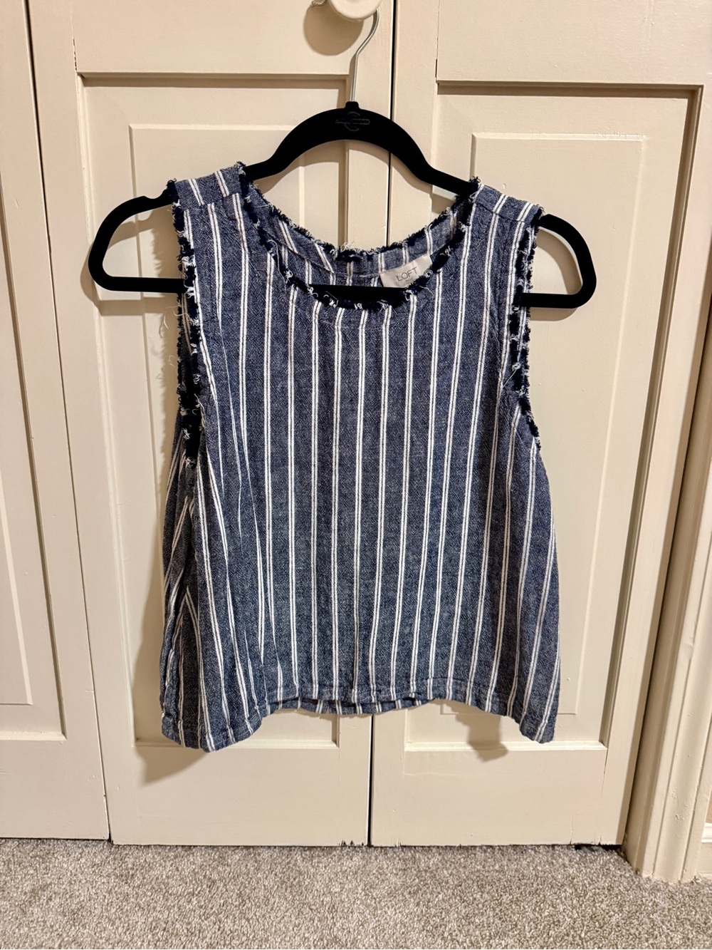 LOFT Navy and White Vertical Stripe Fringe-Trim Tank